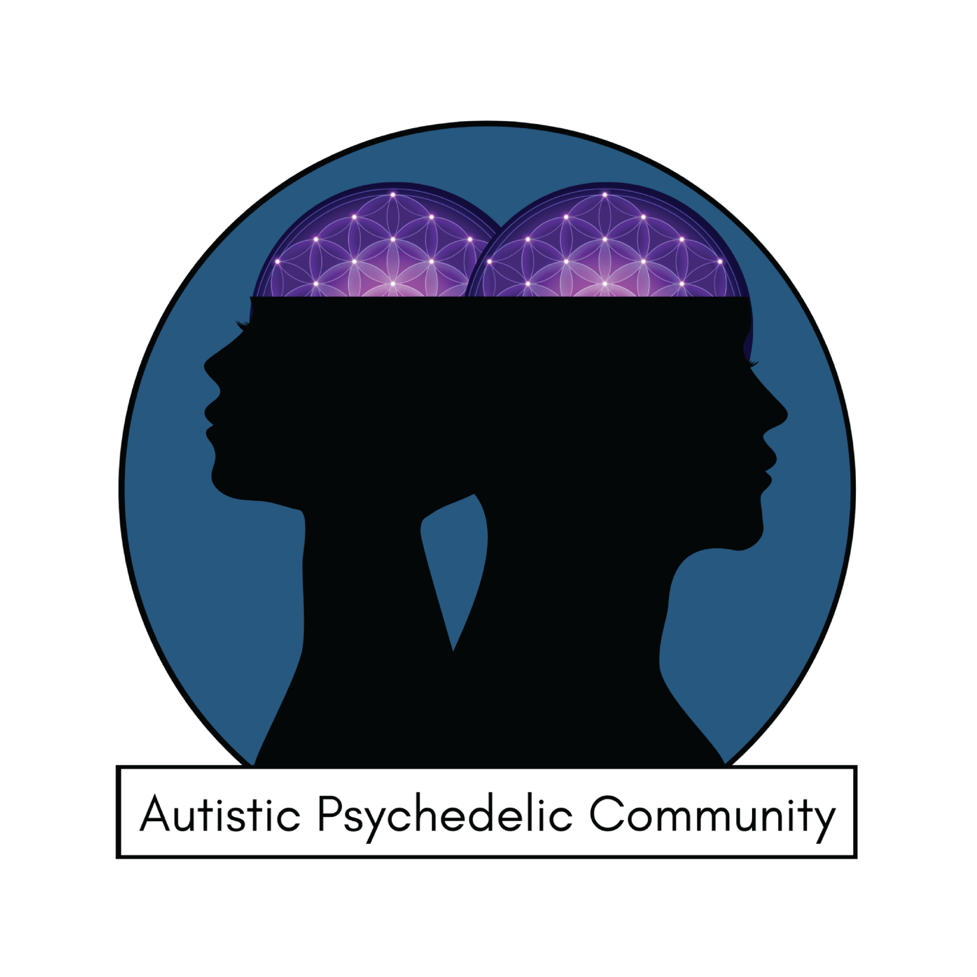 The logo for the autistic psychedelic community shows two people 's heads with their brains visible.
