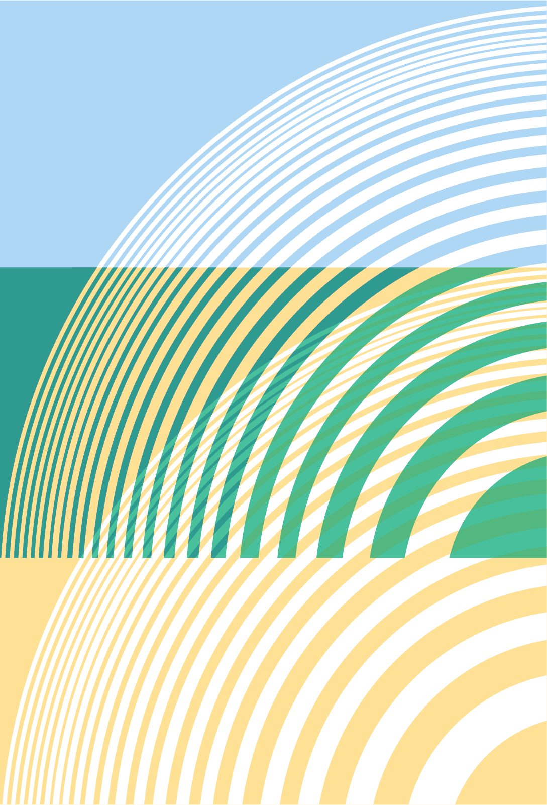 A blue and yellow striped background with a rainbow in the middle