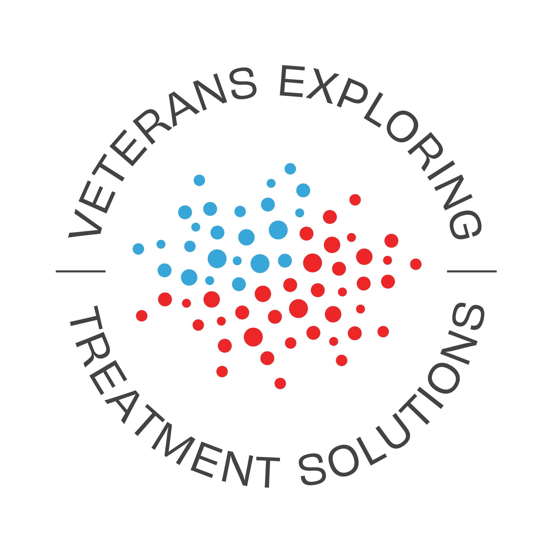 The logo for veterans exploring treatment solutions is a circle with red and blue dots in it.