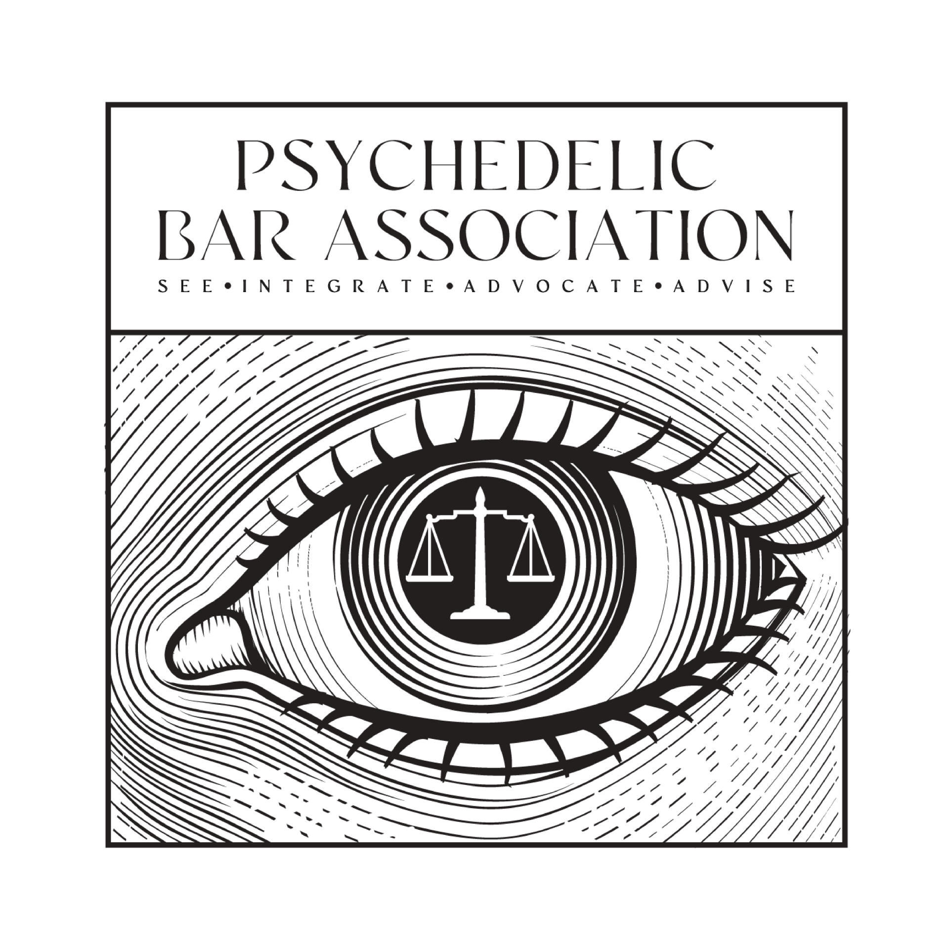 The logo for the psychedelic bar association is a black and white drawing of an eye with a scale of justice in the center.