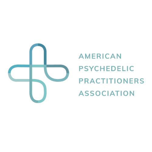 The logo for the american psychedelic practitioners association has a cross on it.