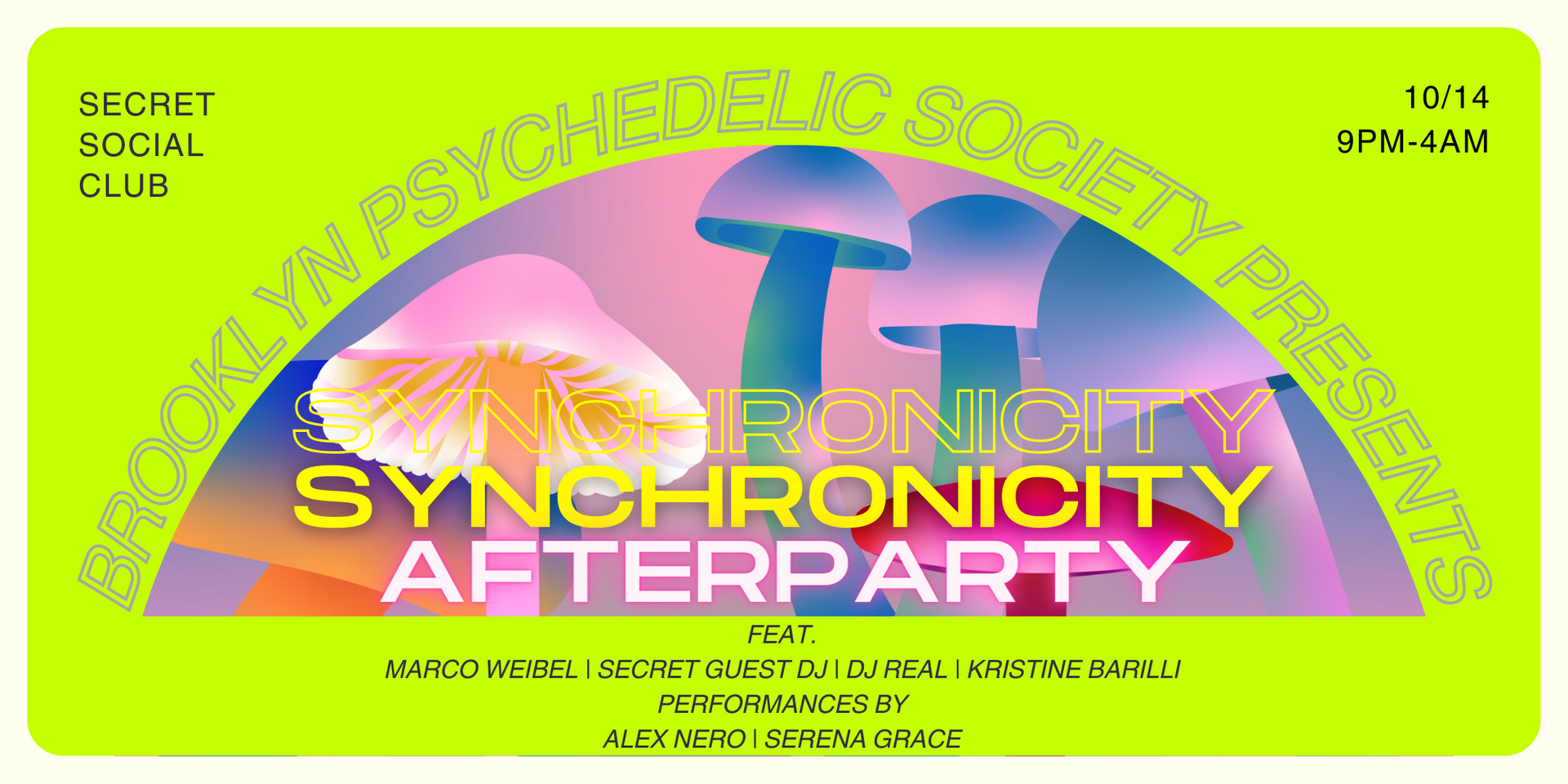 A neon yellow ticket for a concert called synchronicity afterparty.