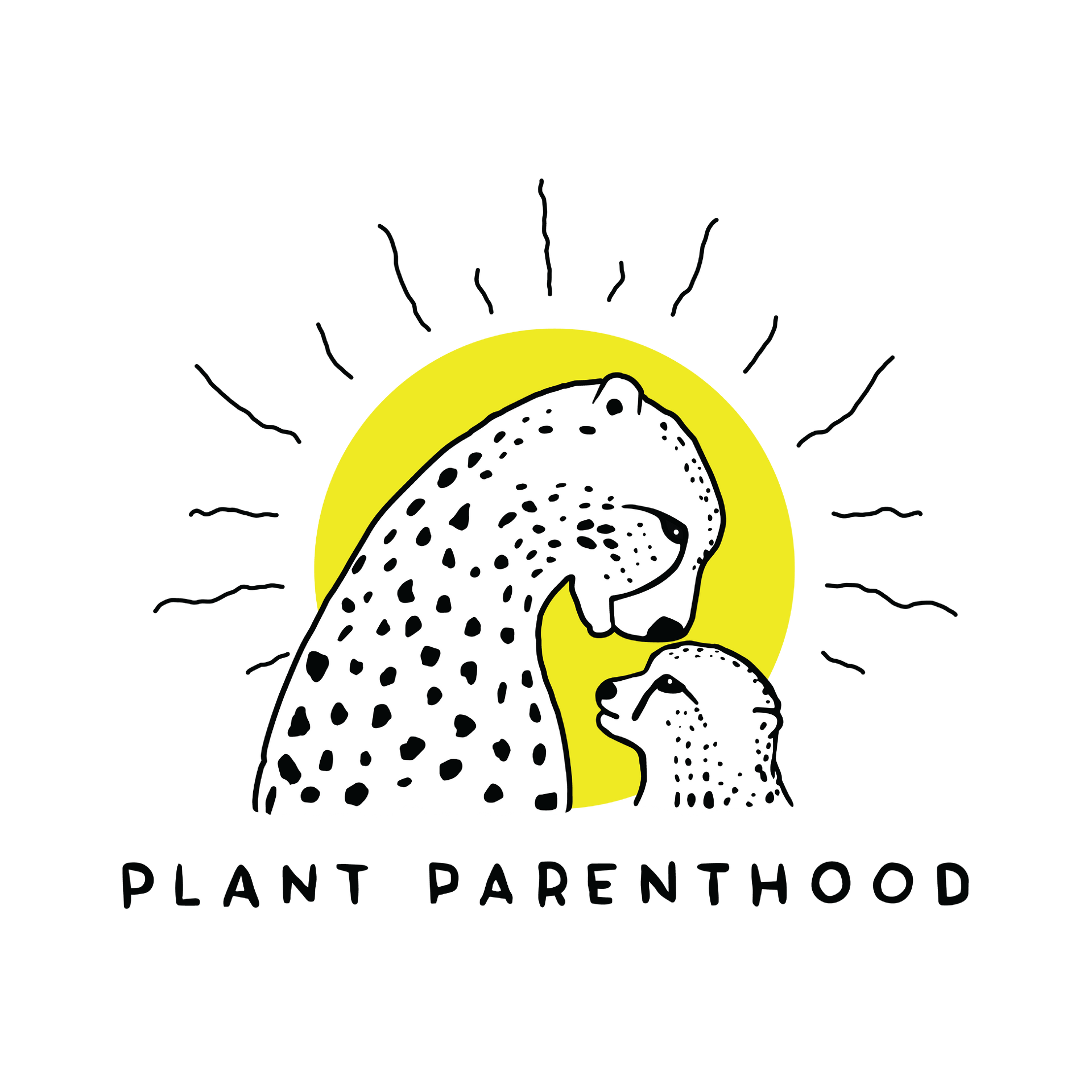 A cheetah and a baby cheetah are standing next to each other in front of a yellow sun.