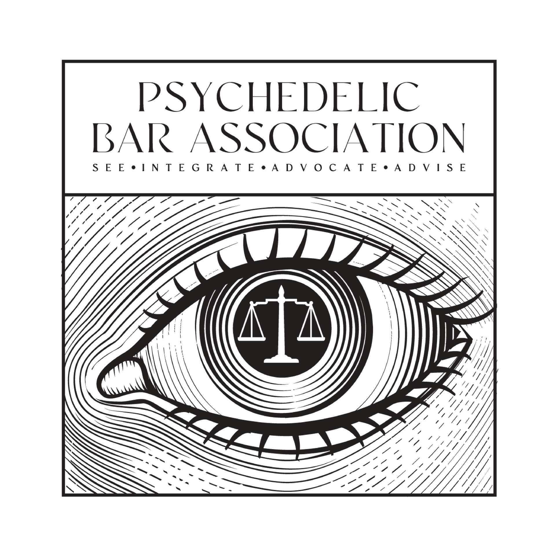 The logo for the psychedelic bar association is a black and white drawing of an eye with a scale of justice in the center.