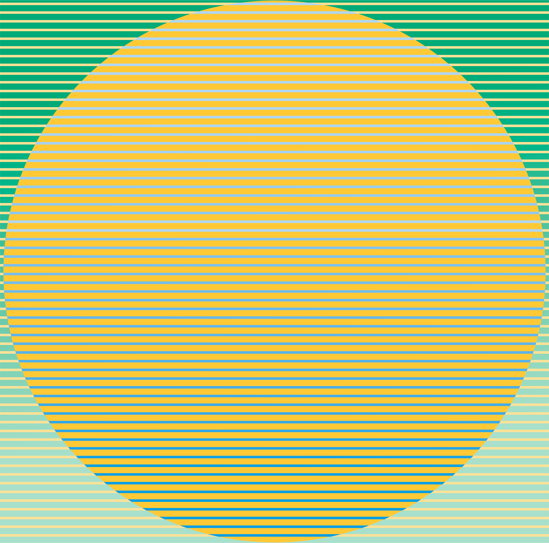 A yellow circle is surrounded by green stripes on a green and yellow background.