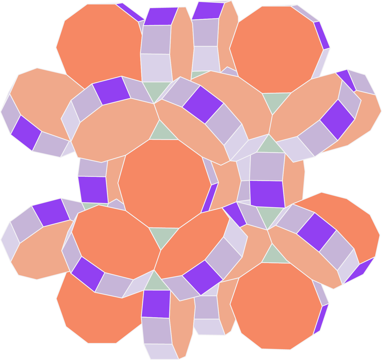 A geometric pattern of orange and purple circles on a white background