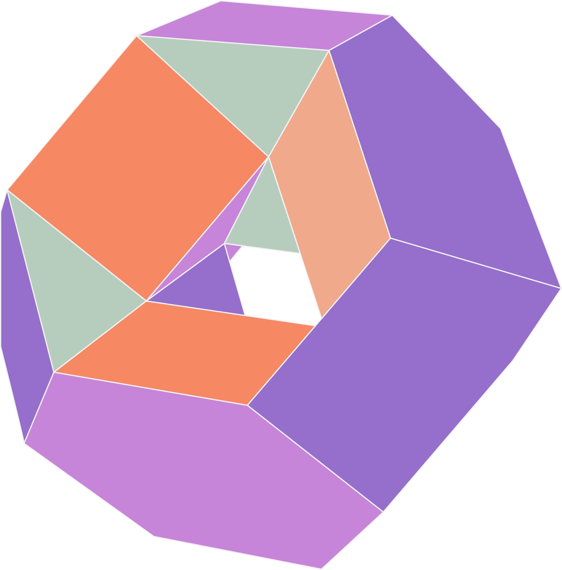 A purple and orange geometric shape with a square in the middle