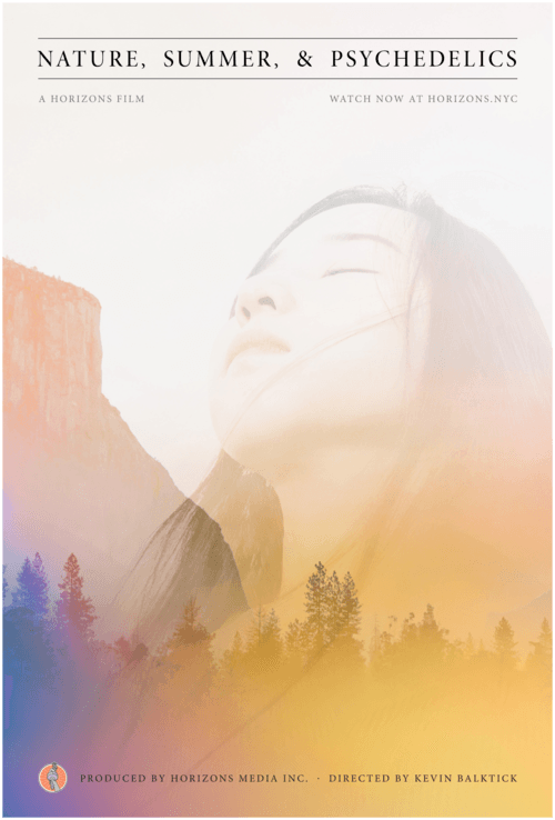 A poster for nature summer and psychedelics shows a woman with her eyes closed