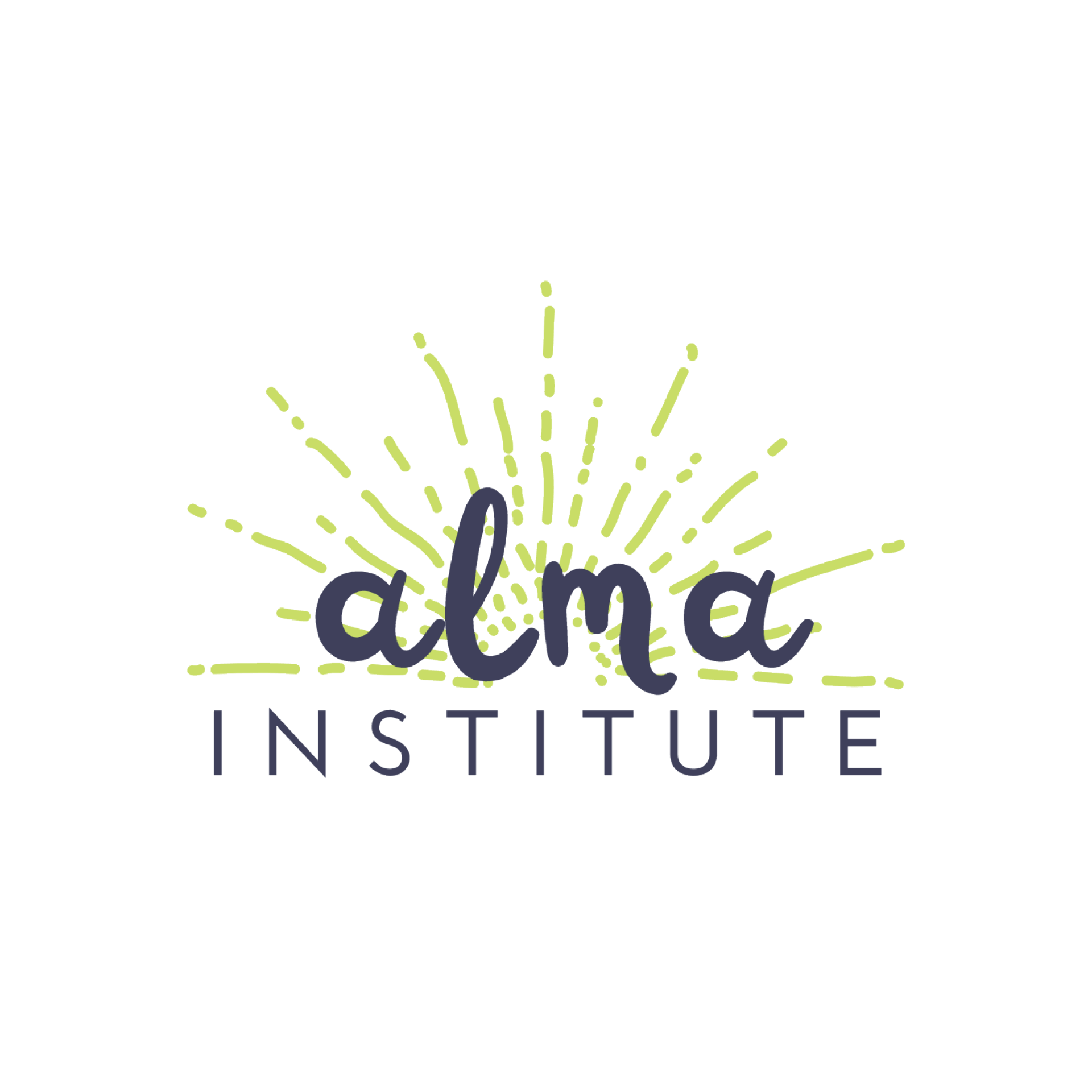 A logo for the alma institute with a sunburst in the background.