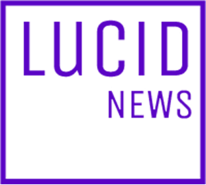 A purple and white logo for lucid news