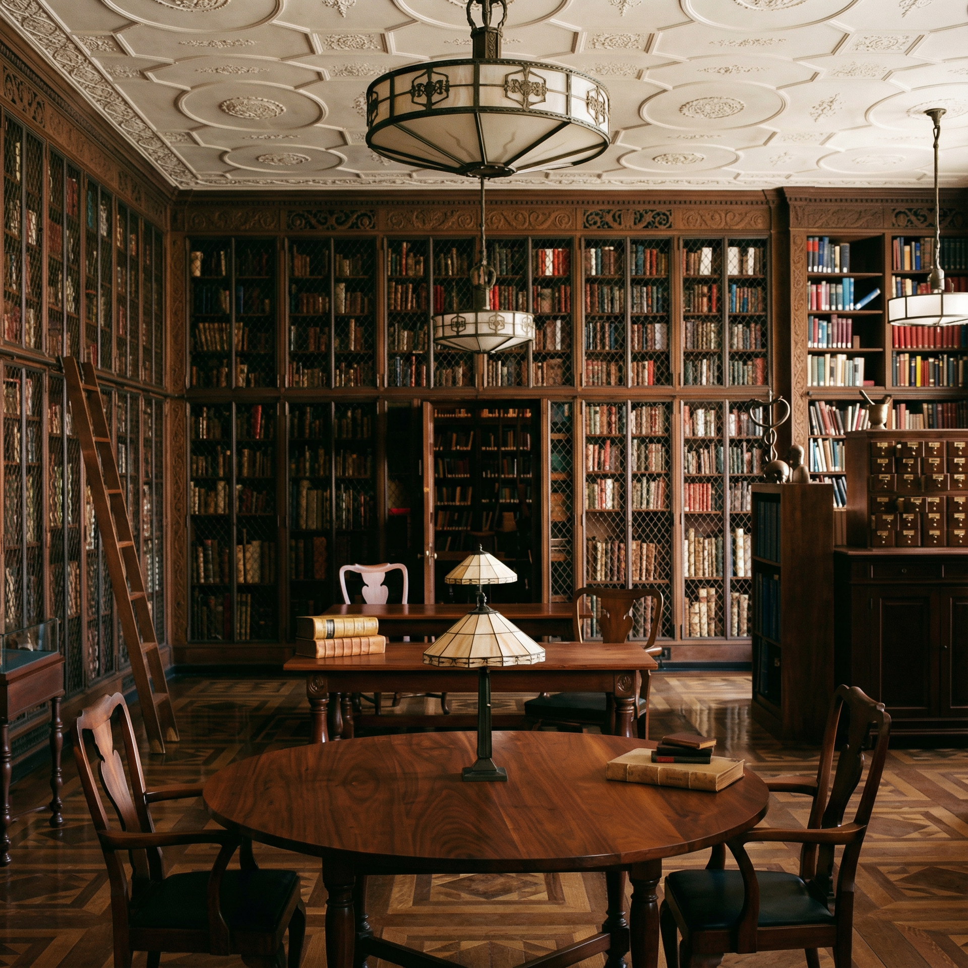 A library with floor-to-ceiling bookshelves and wooden furniture; two tables and chairs.