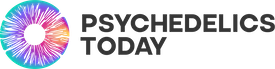 A logo for psychedelics today with a colorful eye in the middle.