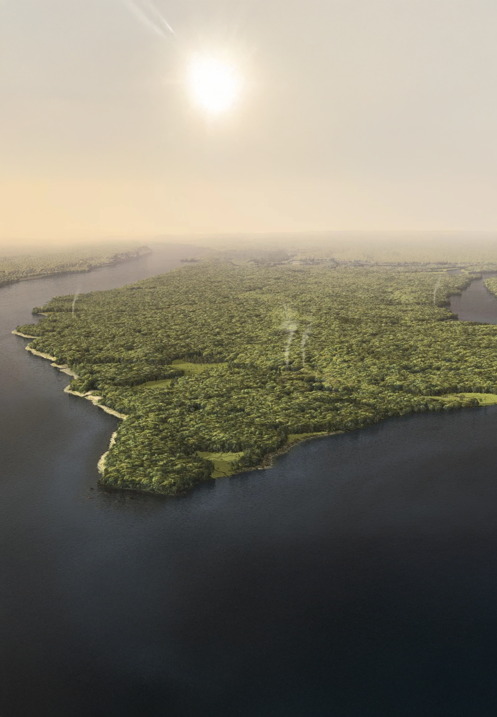 An aerial view of a forested island surrounded by dark water under a bright sun.