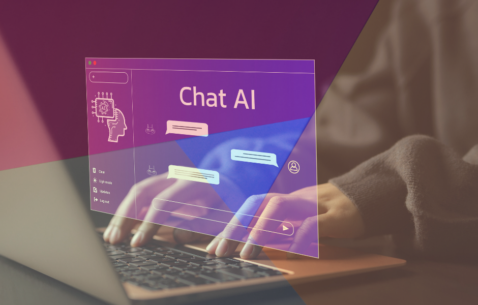 A person is typing on a laptop computer with a screen that says chat ai.