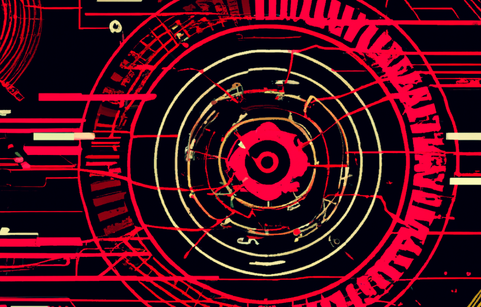 A red and yellow circle with a target in the middle on a black background.