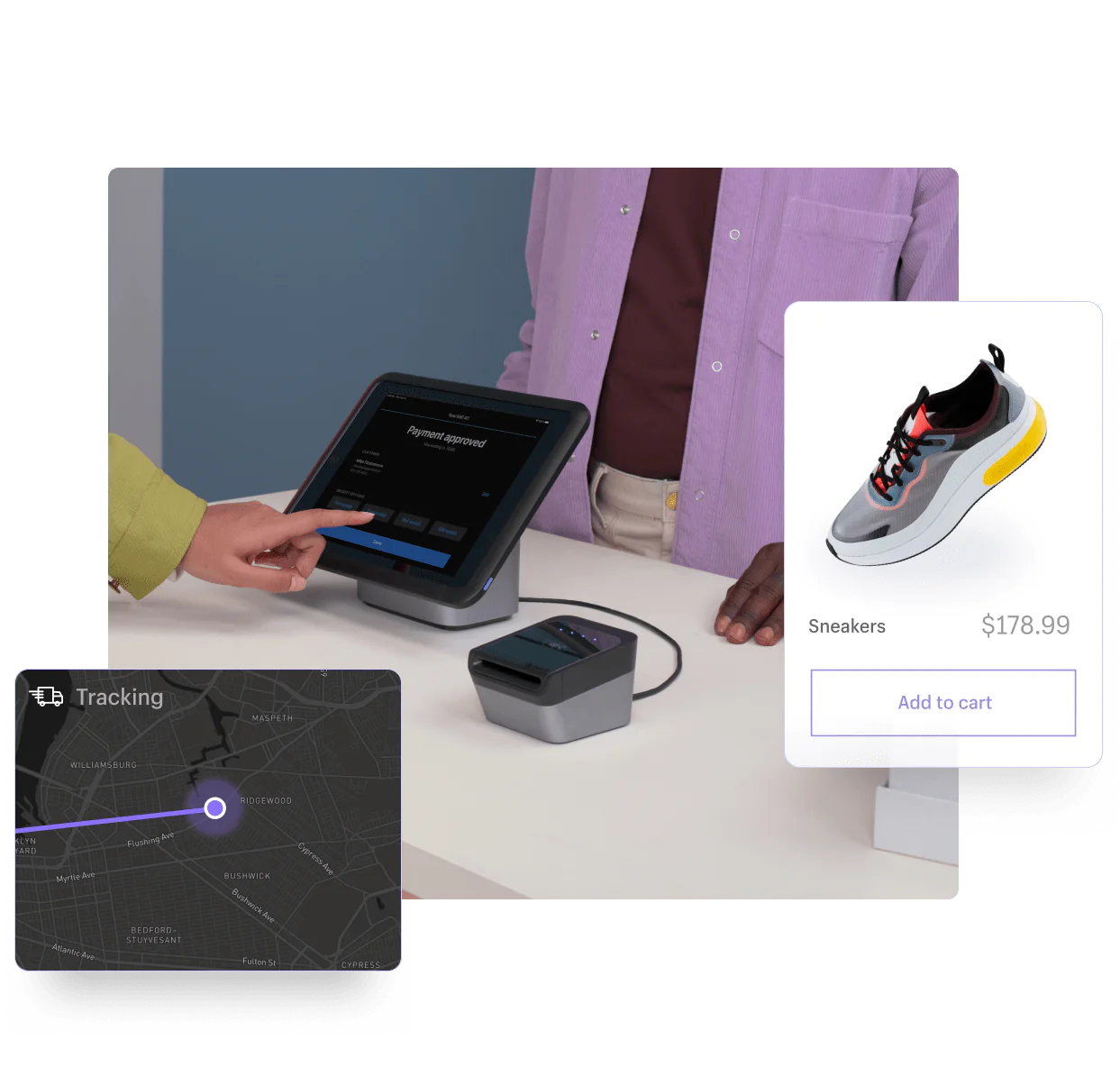 a person is using a tablet to pay for a pair of sneakers