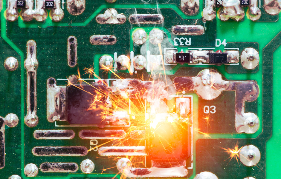 A close up of a circuit board with a light coming out of it.