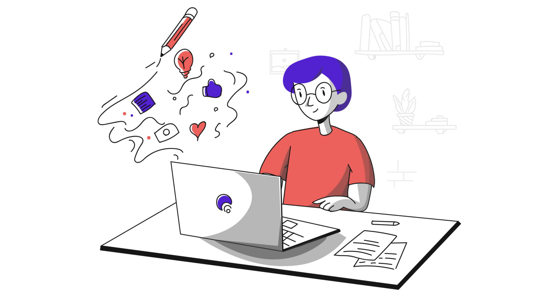 a man is sitting at a desk using a laptop computer creating a blog post