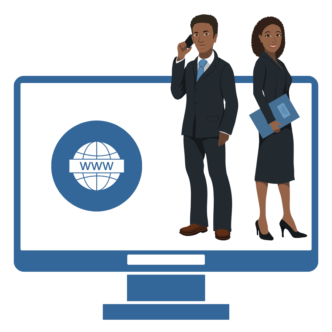 a man and a woman are standing in front of a computer monitor with a www icon