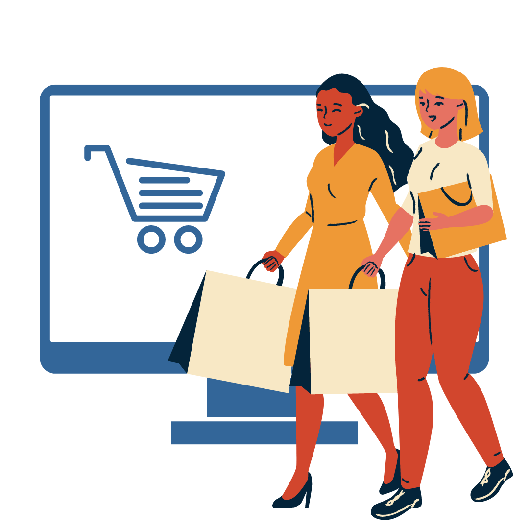 Two women are walking with shopping bags in front of a computer screen.