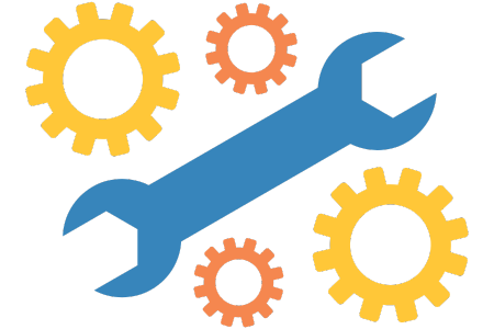 A wrench is surrounded by gears on a white background.