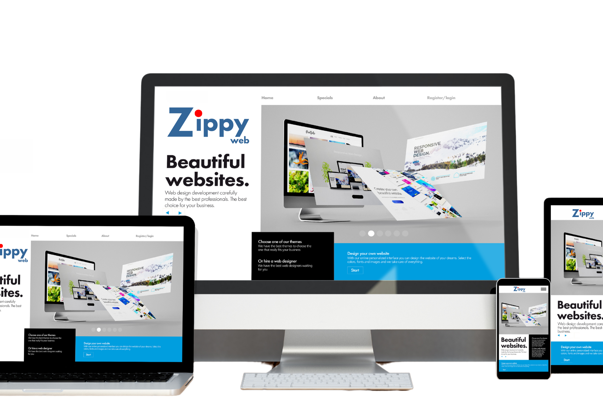 a zippy website is displayed on a computer , laptop , tablet and phone