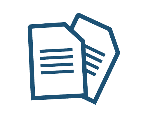 A blue icon of two pieces of paper with lines on them.