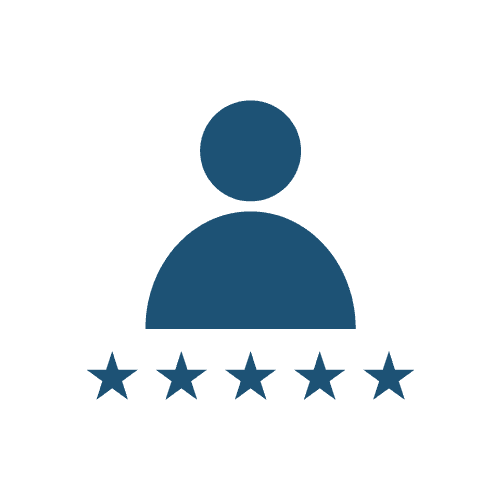 A blue icon of a person with five stars around it.