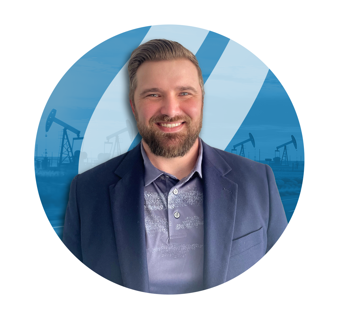 Man in blazer smiling, set against a blue background with oil derricks.