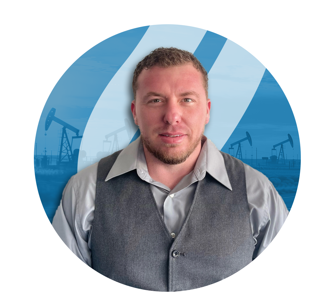 Man in a gray vest and open-collar shirt in a blue circle with oil derricks in the background.
