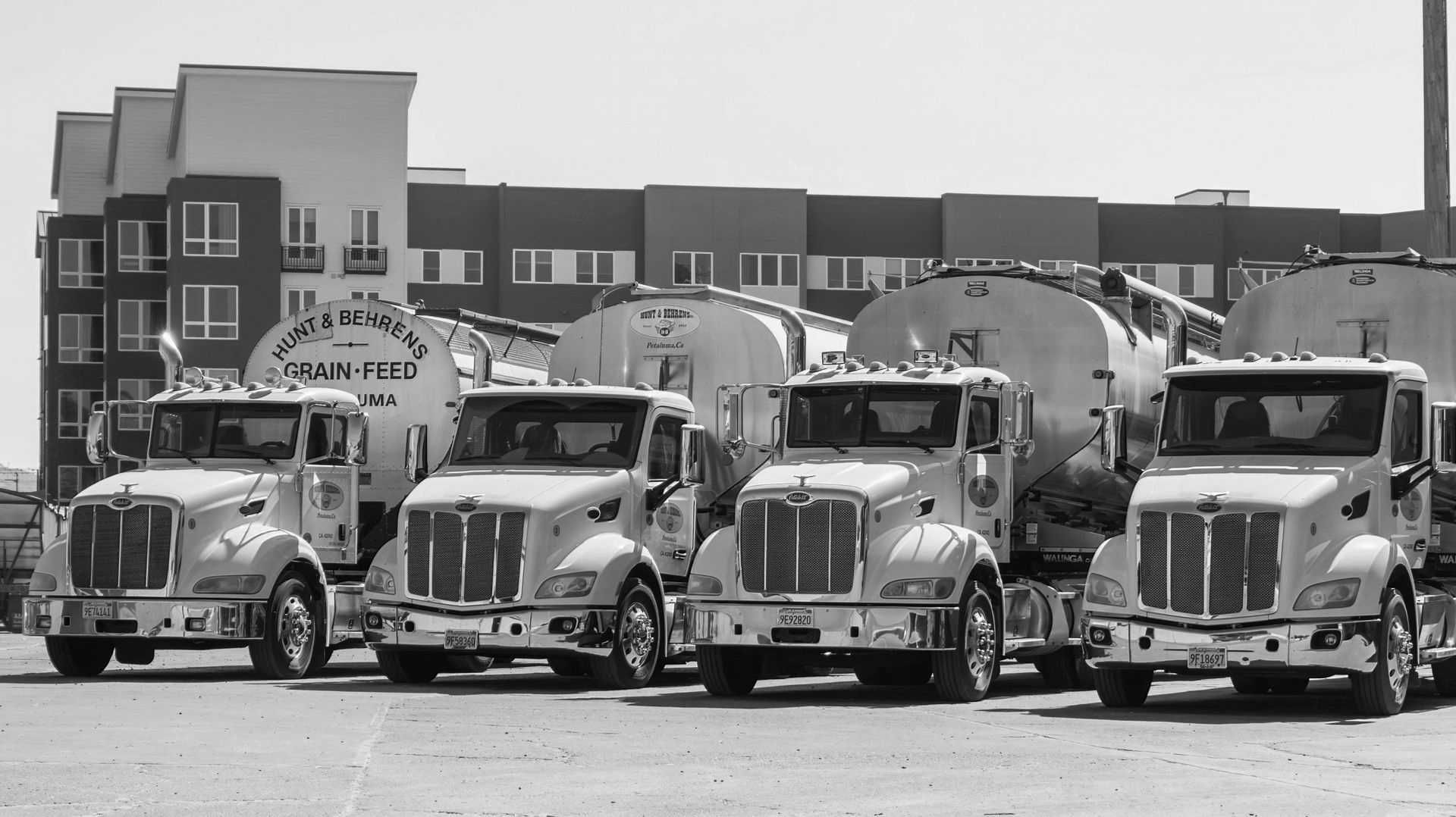 Four white tanker trucks parked in a lot, with a multi-story building in the background.