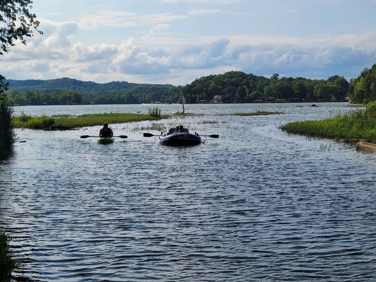 kayaks paddling from our creek into the Lake of the Ozarks