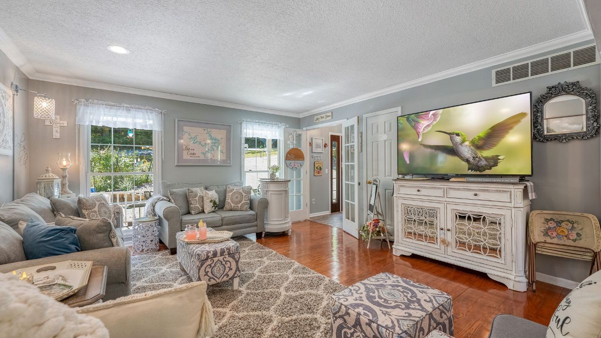 living room with a hummingbird on the television