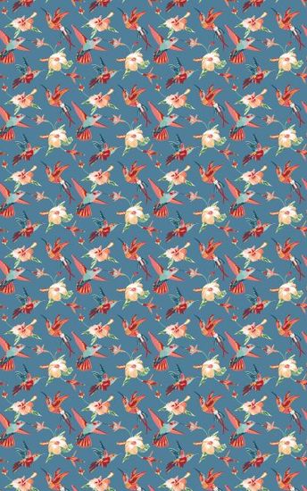 a seamless pattern of flowers and hummingbirds on a blue background