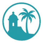 Teal circular logo with a palm tree and a tower silhouette on a white background