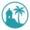 Teal circular logo with a palm tree and a tower silhouette on a white background