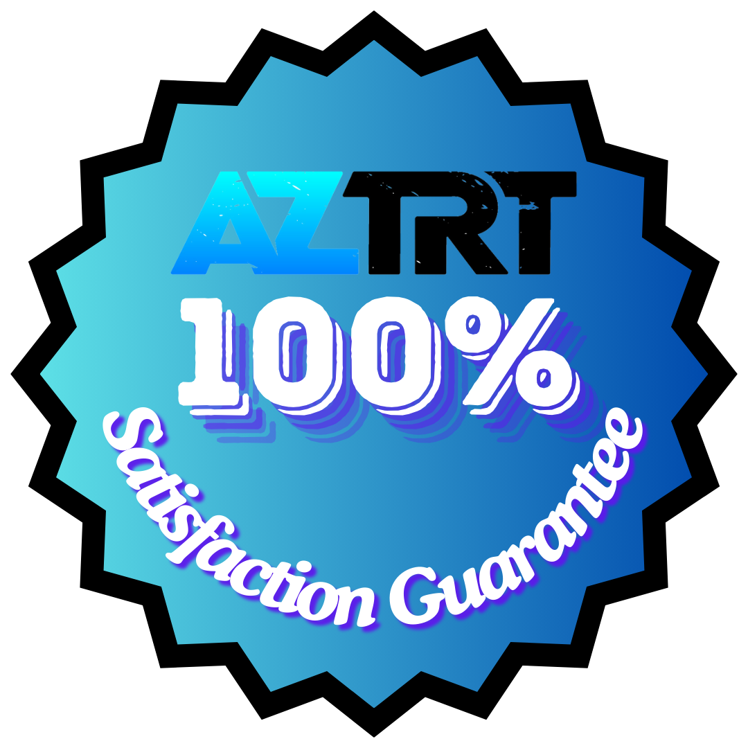 A blue sticker that says az trt 100 % satisfaction guarantee