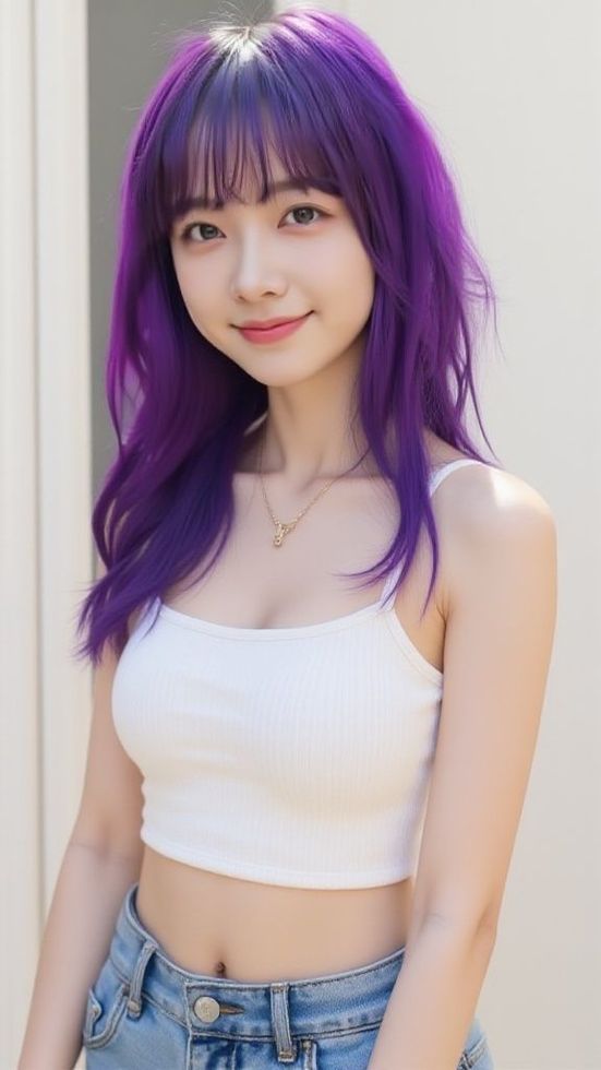紫色頭髮的女性穿著白色短上衣和牛仔褲，在戶外微笑。
