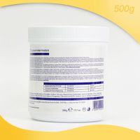 白色粉末罐，上有營養成分標籤，右上角標示 500g。