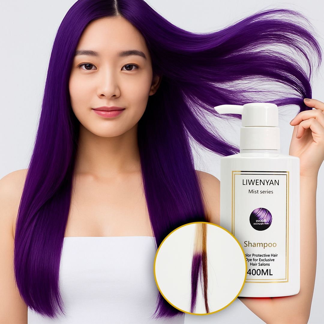 Woman with purple hair holding shampoo bottle; magnified hair strand shows color result.