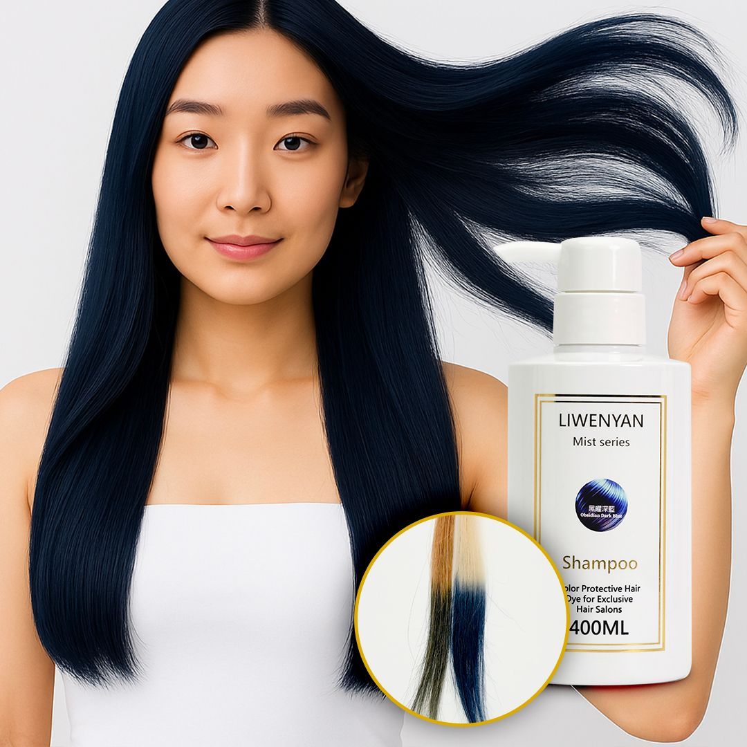 Woman with dark blue hair holds product; close-up shows hair color effect. White background.