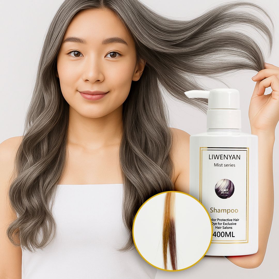 Woman holding gray hair, product bottle visible. Close up hair strand shows color change.