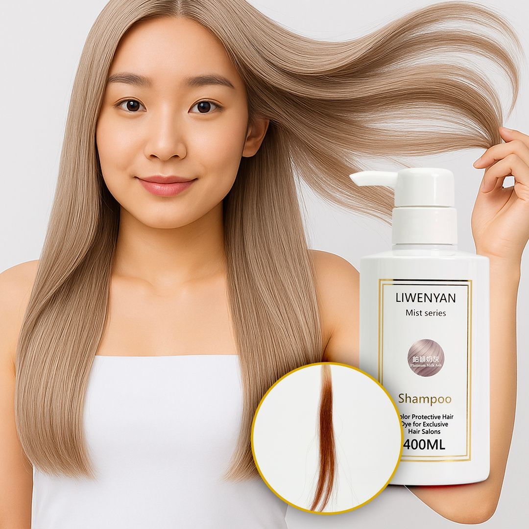 Woman with long, wavy, light brown hair, holding some strands, next to a shampoo bottle.