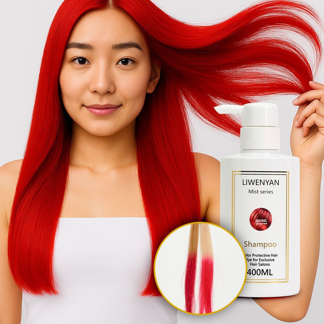 Woman with red hair holding shampoo bottle; inset shows before/after hair color.