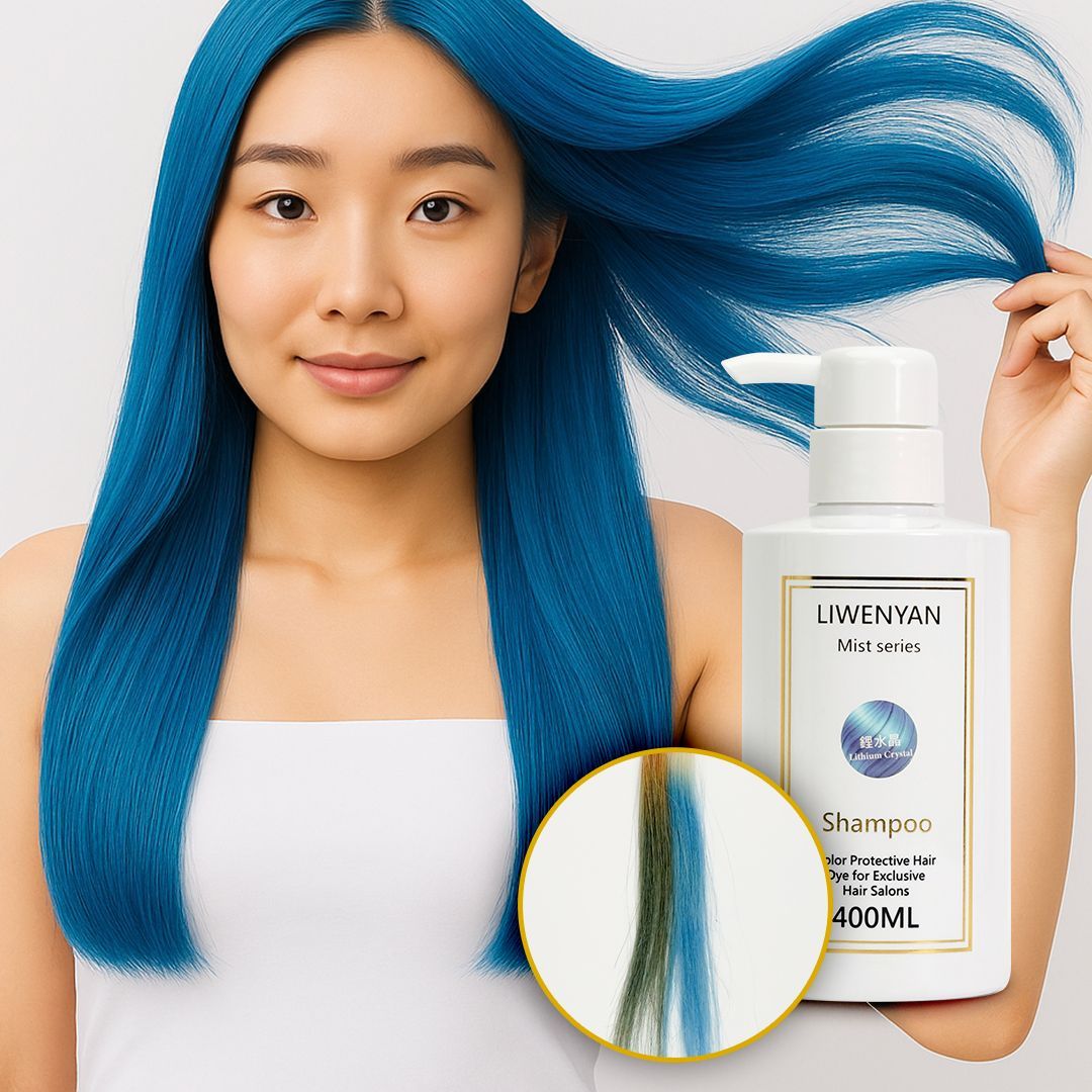 Woman with blue hair holds product; hair sample shows color transformation. Product: shampoo.