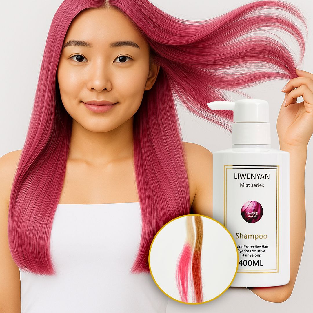 Woman with pink hair holds strands near shampoo bottle, circle shows color on strands.