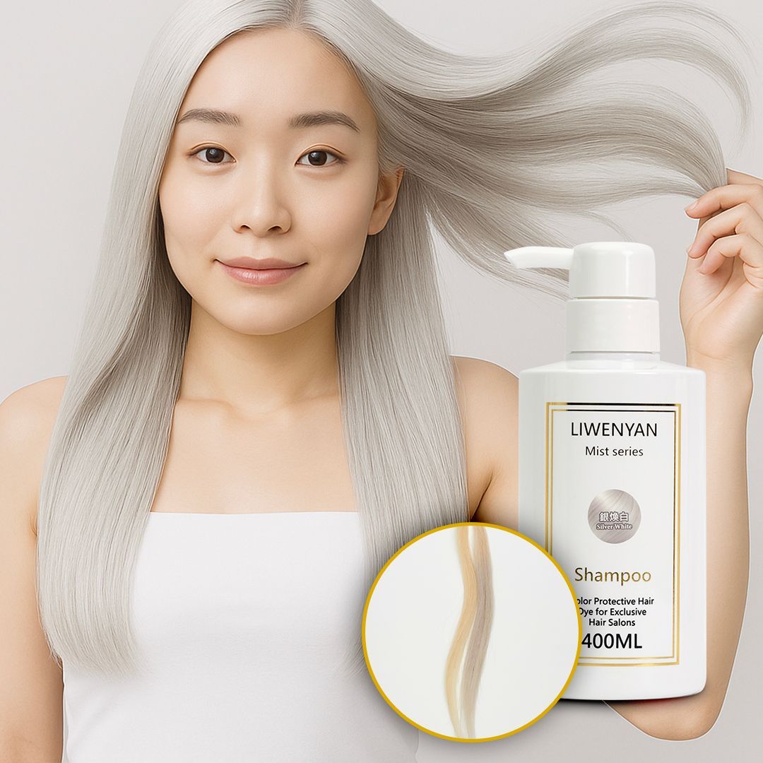 Woman with gray crimped hair holding shampoo bottle; magnified hair strand in inset.