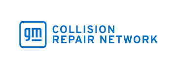 the gm collision repair network logo is blue and white on a white background .