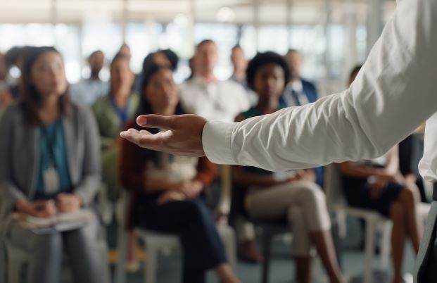 A man is giving a presentation to a group of people sitting in chairs.