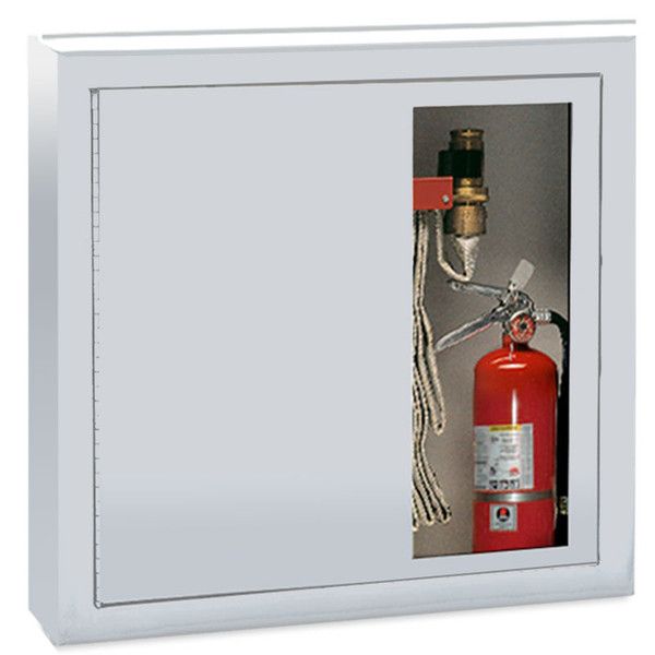 A red box with a fire hose and a fire extinguisher inside of it